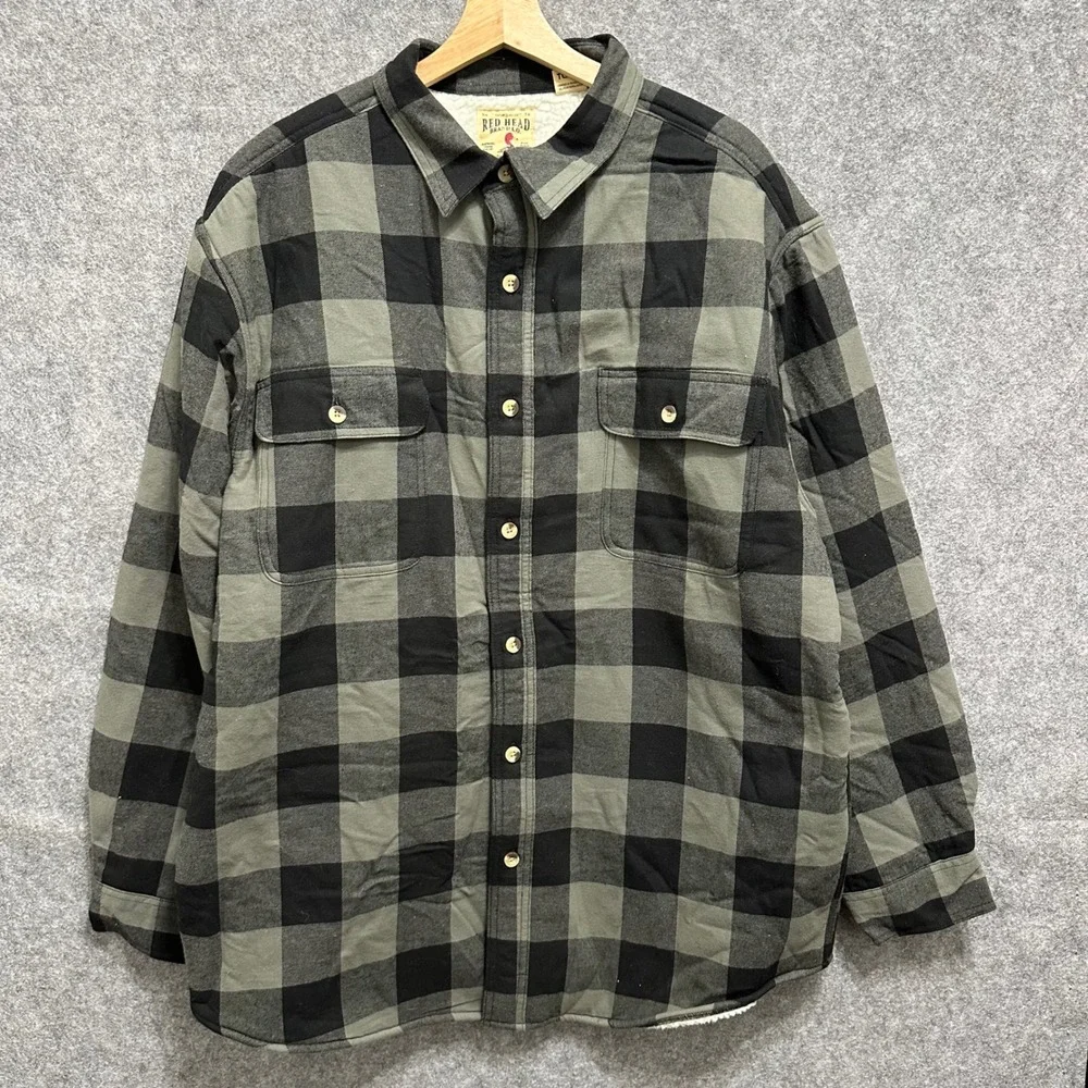 Red Head Sherpa Lined Flannel Shirt Jacket‎ Mens XL Green Buffalo Plaid Quilted